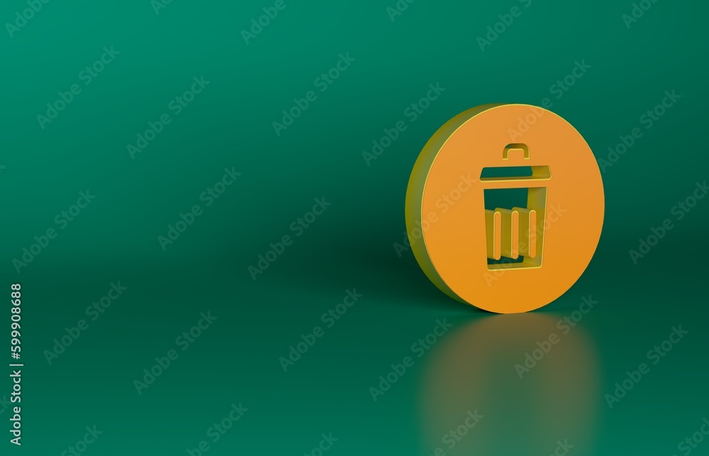 Orange Trash can icon isolated on green background. Garbage bin sign. Recycle basket icon. Office trash icon. Minimalism concept. 3D render illustration Orange Trash can icon isolated on green background. Garbage bin sign. Recycle basket icon. Office trash icon. Minimalism concept. 3D render illustration