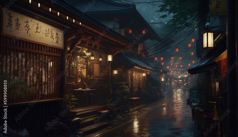 Traditional Japanese Town at Night, Classic, Retro, Illustration, Generative AI