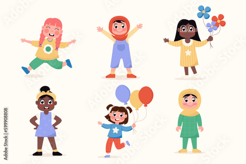 Happy international girl child wearing hijab, Muslim, African American girl in flat style