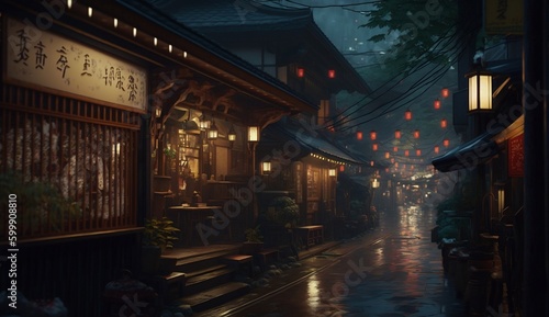 Traditional Japanese Town at Night, Classic, Retro, Illustration, Generative AI