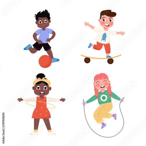 Happy international children playing football, jumping rope, skateboarding, spinning in circle in flat style