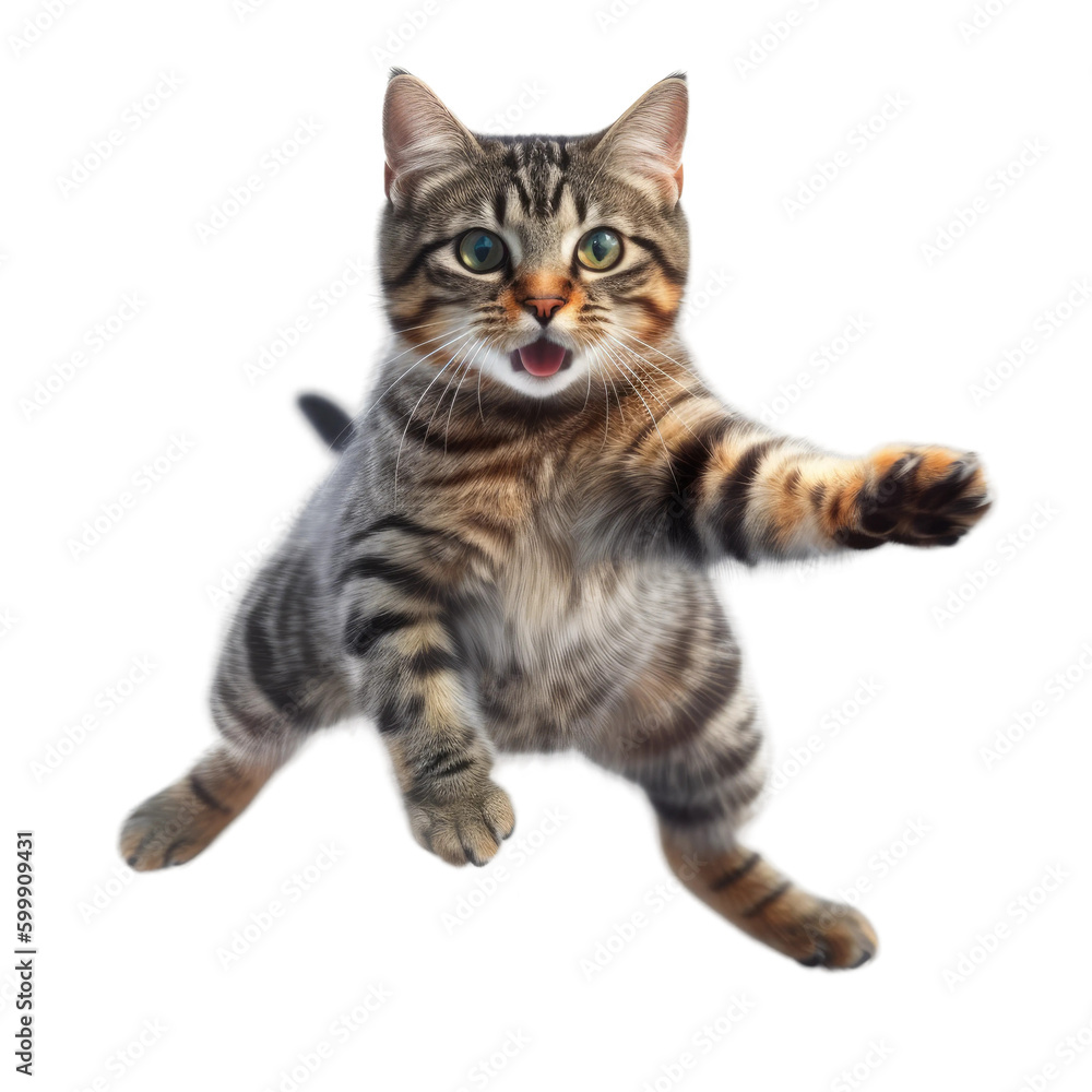 Cute cat jumping. Transparent isolated background. AI generated