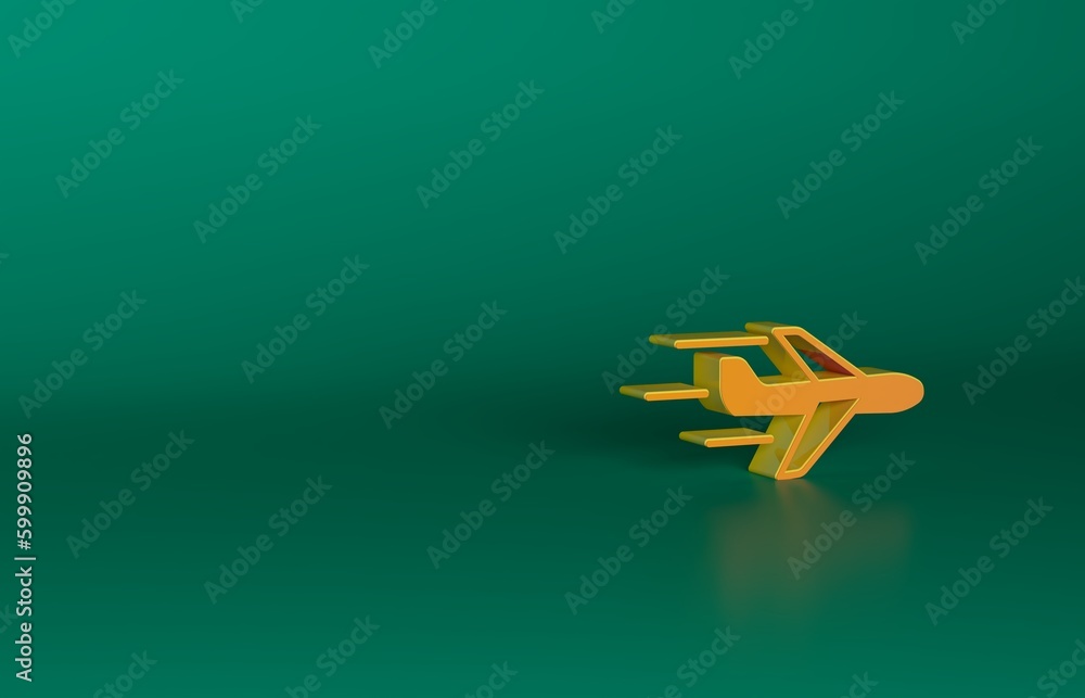 Orange Plane icon isolated on green background. Flying airplane icon. Airliner sign. Minimalism concept. 3D render illustration