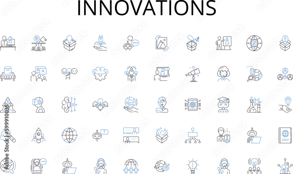 Fototapeta Innovations line icons collection. Research, Demographics, Trends, Consumer, Competition, Metrics, Strategy vector and linear illustration. Forecasting,Sales,Product outline signs set