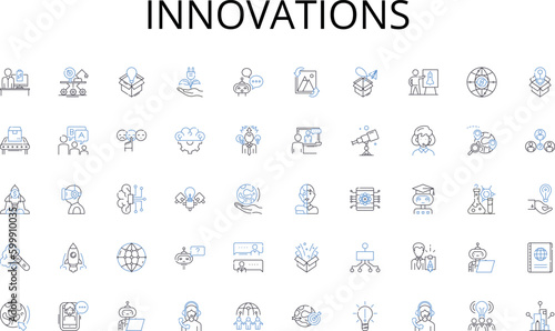 Innovations line icons collection. Research, Demographics, Trends, Consumer, Competition, Metrics, Strategy vector and linear illustration. Forecasting,Sales,Product outline signs set