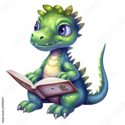 Cute Dino read book. Transparent isolated background. AI generated © ArtStage