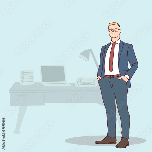 Line art. variety of businessmen in suits. with a sense of confidence success group team leadership employment employee hand drawn illustration vector simple