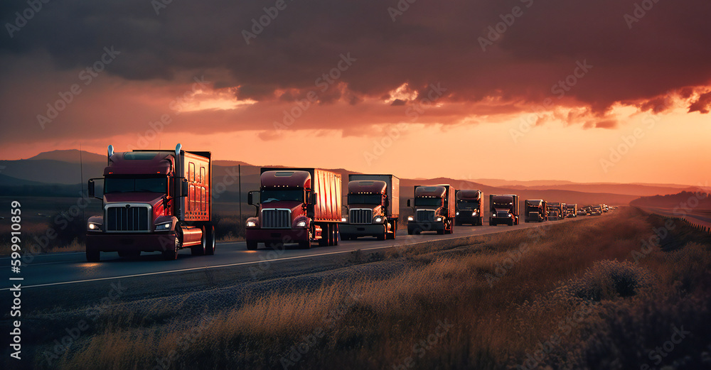 trucks traveling on a highway at sunset