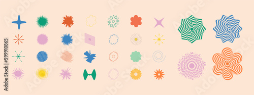 Primitive abstract geometric and shapes. Brutal oval spiral flower and scribble elements. 70s swiss aesthetic design. Modern memphis grids. Colorful daisy floral retro style.