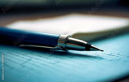 writing a note with a pen in blue notepad