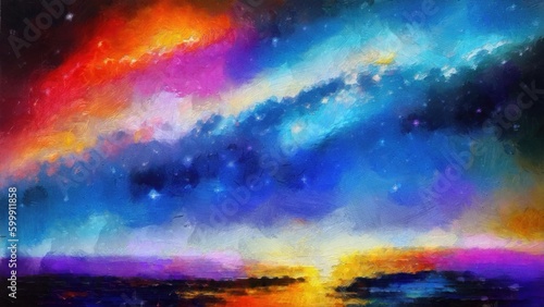 Landscape of the sea and mountains in the night sky. Digital painting