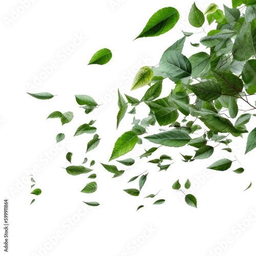 Green leaves flying in air. Transparent isolated background. AI generated