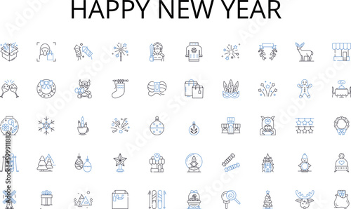 Happy new year line icons collection. Archives, Filing, Documents, Ledger, Catalog, Registry, Logbook vector and linear illustration. List,Roll,Notebook outline signs set