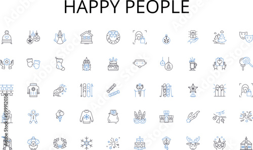 Happy people line icons collection. E-commerce, Mobile payments, Online shopping, Cryptocurrency, Social media marketing, Virtual storefronts, Digital wallets vector and linear illustration