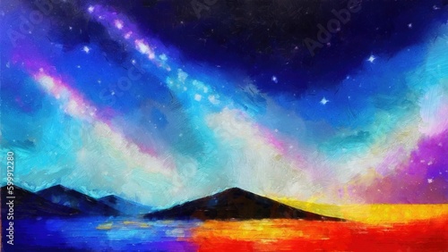 Beautiful night sky with stars and sea watercolor painting illustration.  abstract colorful background with space for your text  watercolor painting