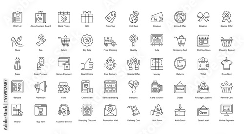 Black Friday Thin Line Iconset Shopping Ecommerce Outline Icon Bundle in Black