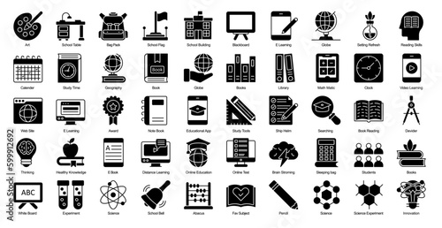 School Glyph Iconset Education Graduation Learning Glyph Icon Bundle in Black