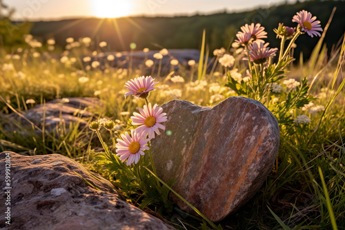 Heart - shaped rock nestled amongst wildflowers in a sunlit meadow.