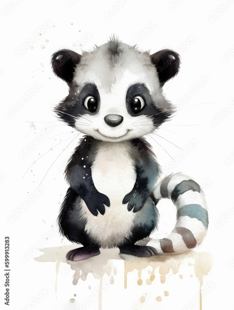 Watercolor Cute Skunk Cartoon Nursery Illustration Isolated on White Background. Colorful Digital Animal Art for Kids
