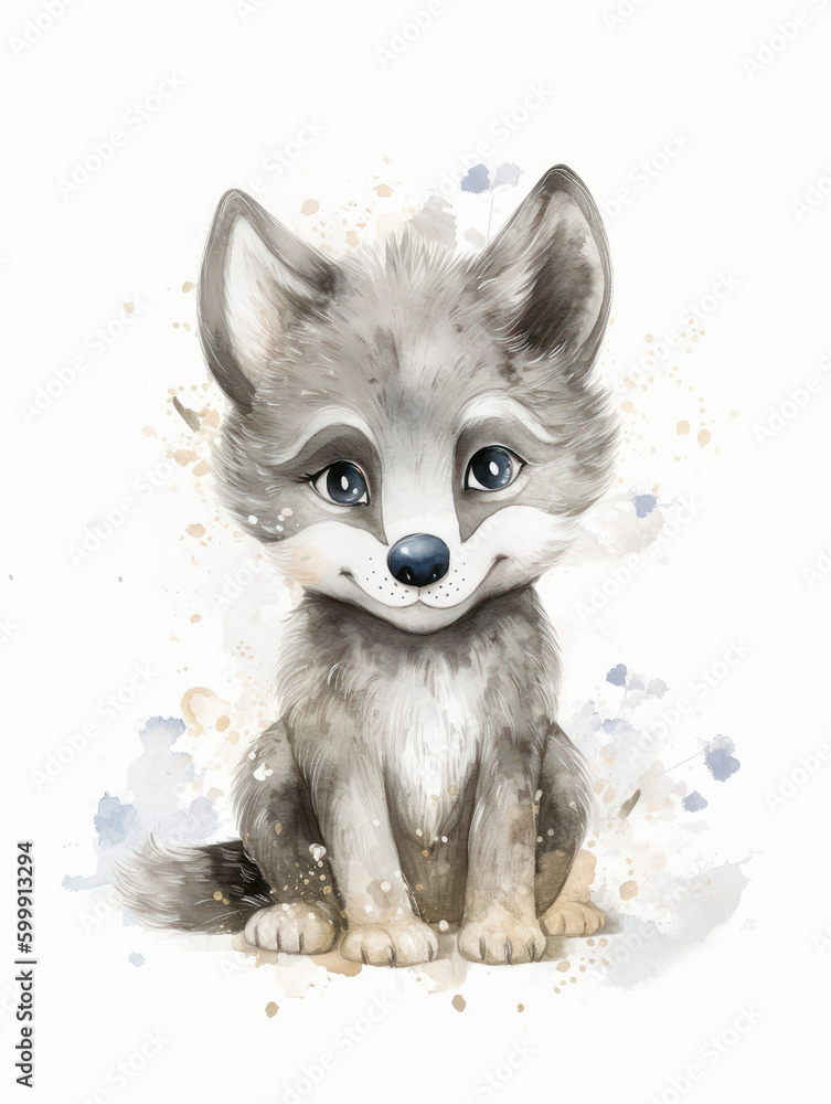 Obraz premium Watercolor Cute Wolf Cartoon Nursery Illustration Isolated on White Background. Colorful Digital Animal Art for Kids (1)