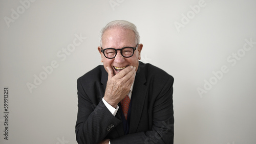 senior laughing a lot over isolated white background
