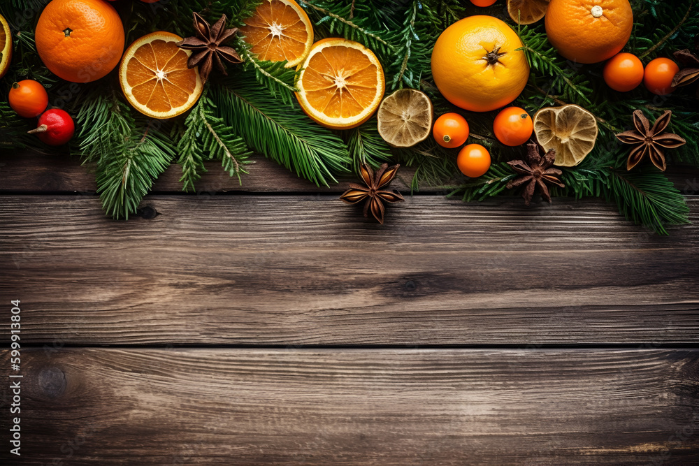 Rustic Christmas background with fir branches and decoration on dark wooden boards with space for text, generative AI content. Rustic Christmas background with fir branches and decoration on dark wooden boards with space for text, generative AI content.