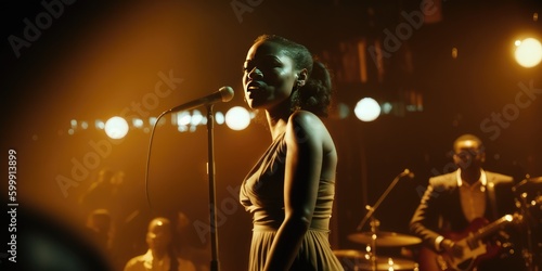 Fototapeta Woman singer singing jazz song in the nightclub in glamorous lighting