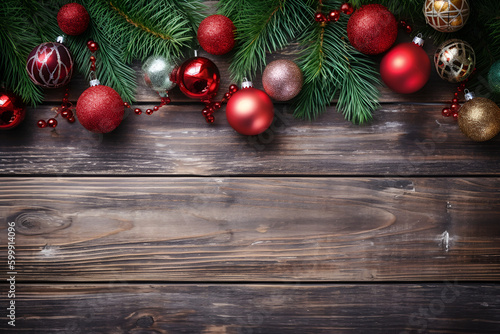 Rustic Christmas background with fir branches and decoration on dark wooden boards with space for text, generative AI content.