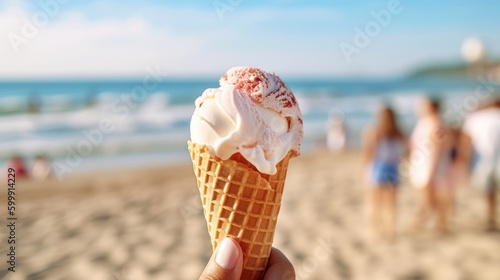 hand with ice cream on the beach in summer, generative ai