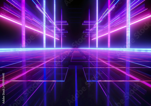 Futuristic abstract blue and purple neon line light shapes on dark background. Laser show night club interior lighting, glowing line background or wallpaper. AI generated illustration.
