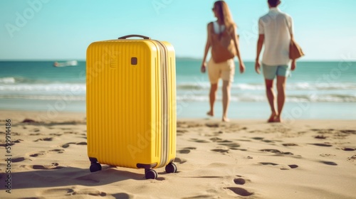 suitcase on the sand of the beach in summer with couple walking  generative ai