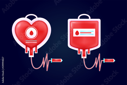 Blood Donor Day, regular and heart shaped blood bag 3d vector elements. Suitable for design elements