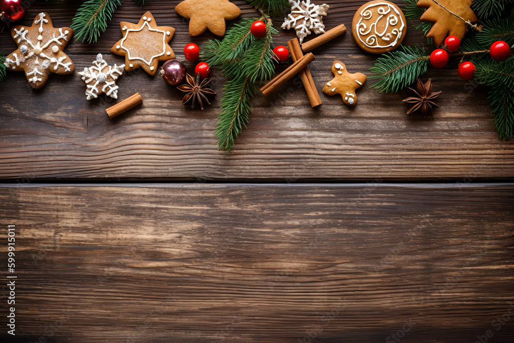Rustic Christmas background with fir branches and decoration on dark wooden boards with space for text, generative AI content. Rustic Christmas background with fir branches and decoration on dark wooden boards with space for text, generative AI content.
