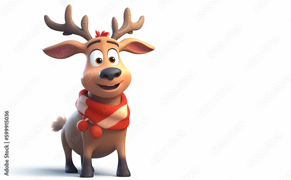 3D illustration of a cheerful young reindeer with playful expression, standing proudly. Its bright eyes and sprightly antlers make it ideal for holiday-themed projects or children's content. 3D illustration of a cheerful young reindeer with playful expression, standing proudly. Its bright eyes and sprightly antlers make it ideal for holiday-themed projects or children's content.