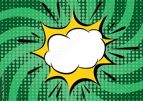Pop art background. Comic pattern with speech bubble and cloud. Green cartoon sunburst print with dots. Boom effect