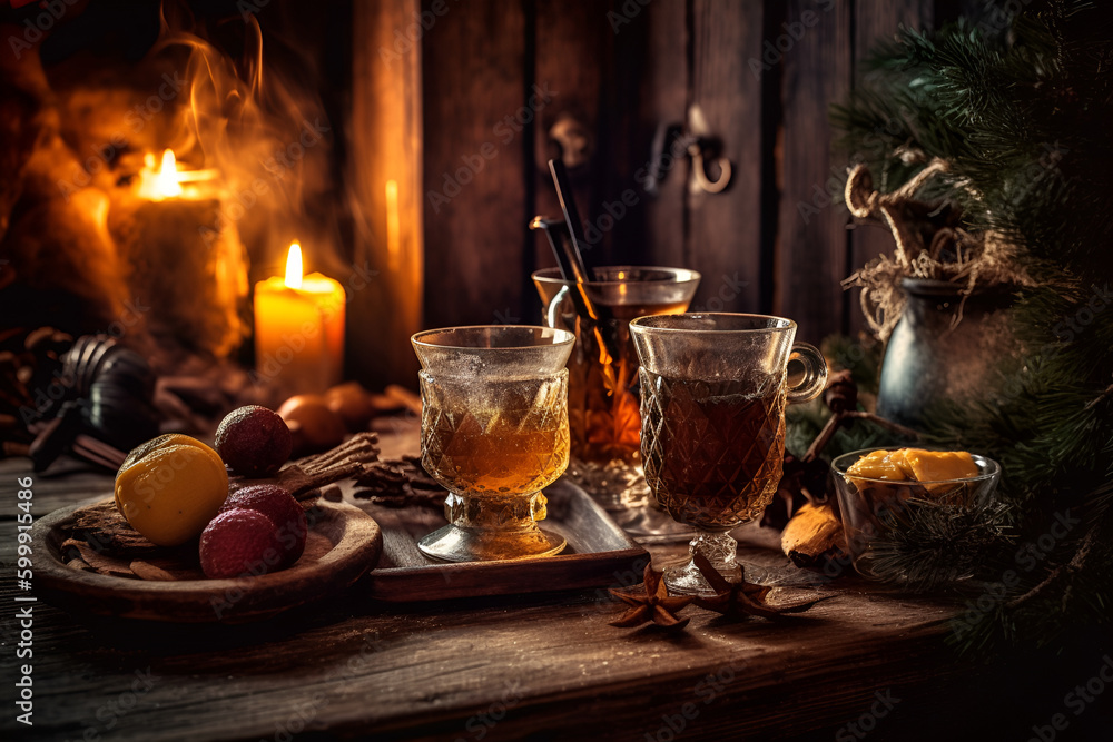 Christmas mulled wine with spices and fruits on a rustic wooden table, generative AI content. Christmas mulled wine with spices and fruits on a rustic wooden table, generative AI content.