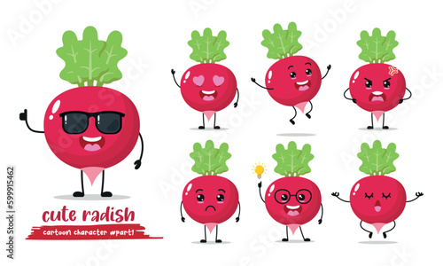 funny radish cartoon with many expressions. vegetable different activity vector illustration flat design.