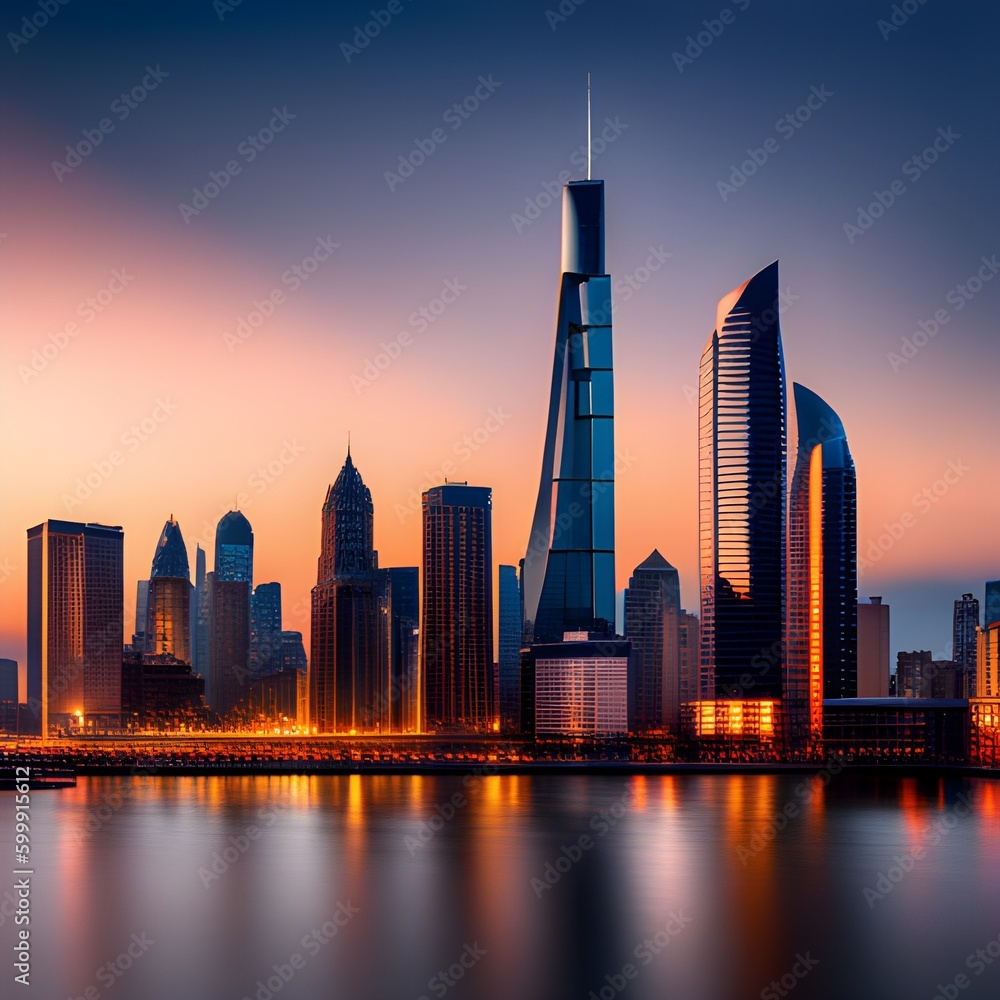 Fototapeta premium Beautiful cityscape by water at late sunset