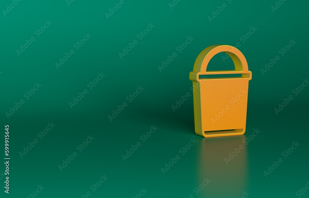 Orange Bucket icon isolated on green background. Minimalism concept. 3D render illustration Orange Bucket icon isolated on green background. Minimalism concept. 3D render illustration