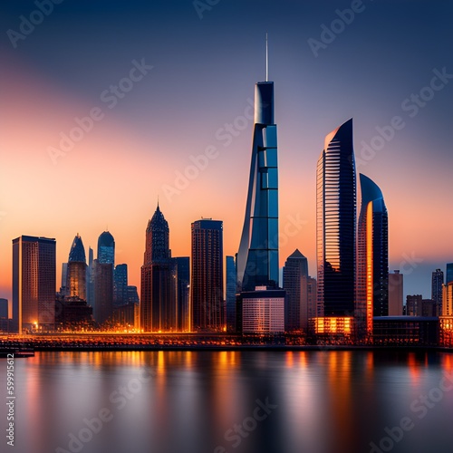 Beautiful cityscape by water at late sunset