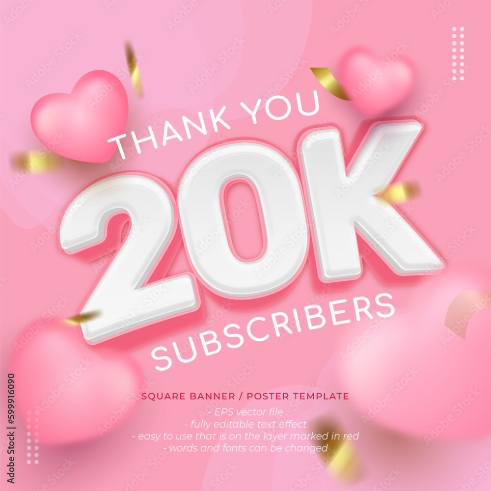 Vector soft pink square celebration banner for 20k followers with design poster or instagram posts