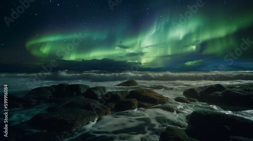 Aurora borealis under stormy ocean. Generative AI