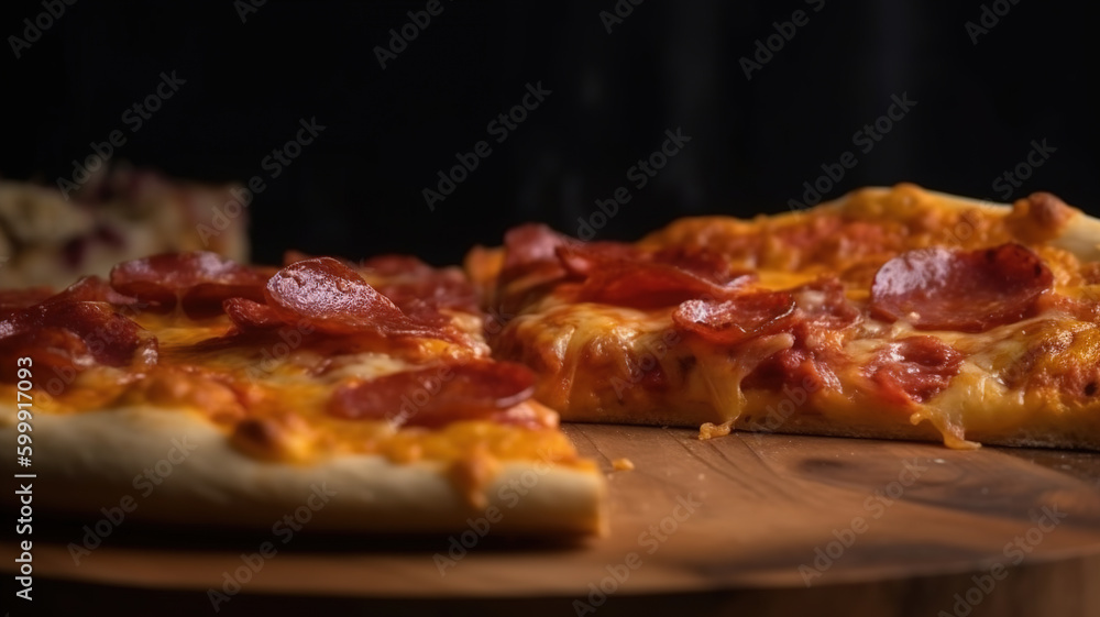 Freshly Baked Pizza Pepperoni Slice with Melting Cheese and Salami, Supreme Pizza Toppings and Ingredients. Hot melted cheese is stretching, close-up. Generative AI