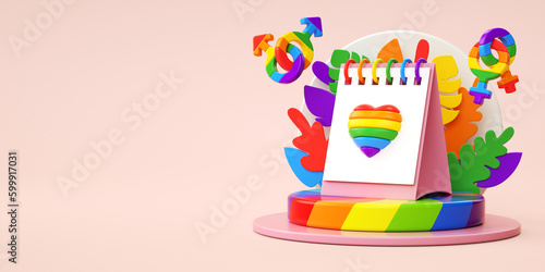 Pride festive banner background with a calendar, rainbow heart and copy space for LGBTQIA+ Pride month, love diversity celebration and the fight for human rights in 3D illustration