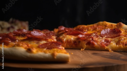 Freshly Baked Pizza Pepperoni Slice with Melting Cheese and Salami, Supreme Pizza Toppings and Ingredients. Hot melted cheese is stretching, close-up. Generative AI © Syntetic Dreams