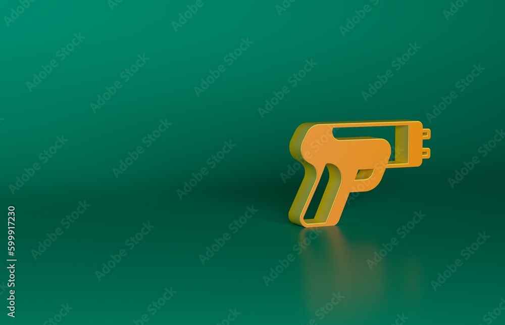 Orange Police electric shocker icon isolated on green background. Shocker for protection. Taser is an electric weapon. Minimalism concept. 3D render illustration