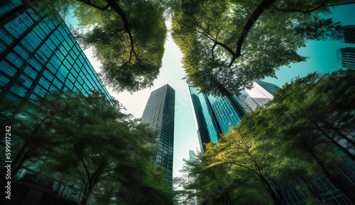 a view through trees and tall buildings