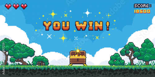 Pixel art game design with outdoor landscape background. Colorful pixel arcade screen for game design. Banner with button level up. Game design concept in retro style. Vector illustration.