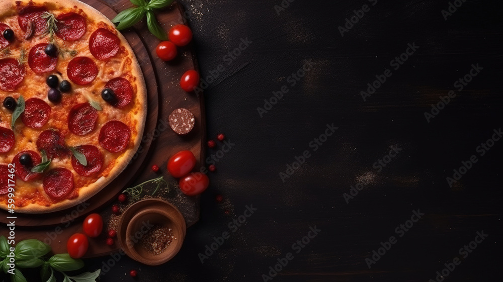 Pizza Pepperoni on Black Wood Background with Copy Space. Top View of Delicious Freshly Baked Italian Pizza. Perfect for Restaurant Menu or Food Advertising. Generative AI
