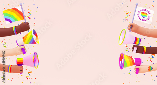 Pride festive banner background with multi ethnic hands, flags, megaphones and copy space for LGBTQIA+ Pride month, love diversity celebration and the fight for human rights in 3D illustration